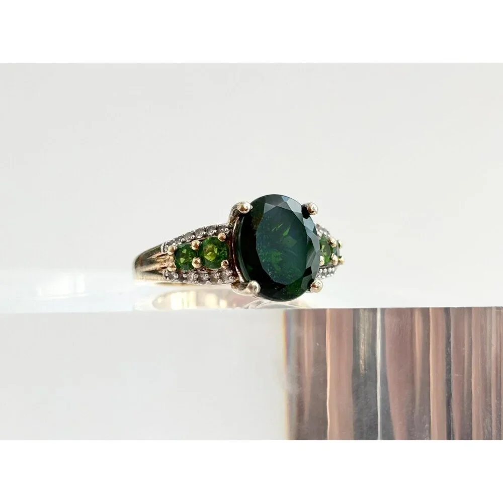 Chrome Diopside Sterling Silver Gilt (Vermeil) Gemstone Vintage Cocktail Ring 7 - Picture 2 of 10